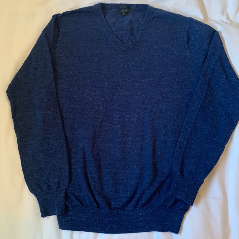 J Crew medium blue marled cotton slim fit V neck sweater EUC